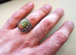 unakite natural multi color stone oval cabochon sterling silver 925 men ring high quality orange green pink semi precious jewelry ottoman