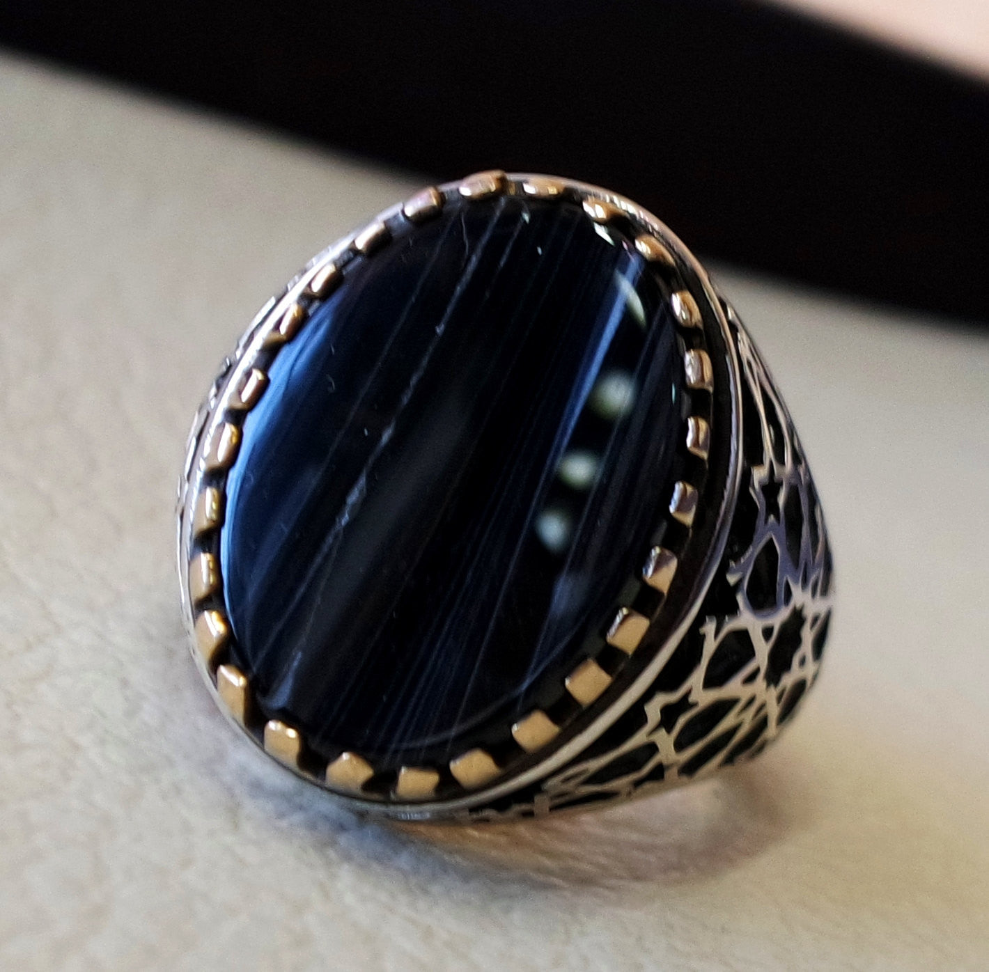 striped natural onyx agate black flat stone sterling silver 925 men ring arabic turkish ottoman style all sizes jewelry with bronze frame