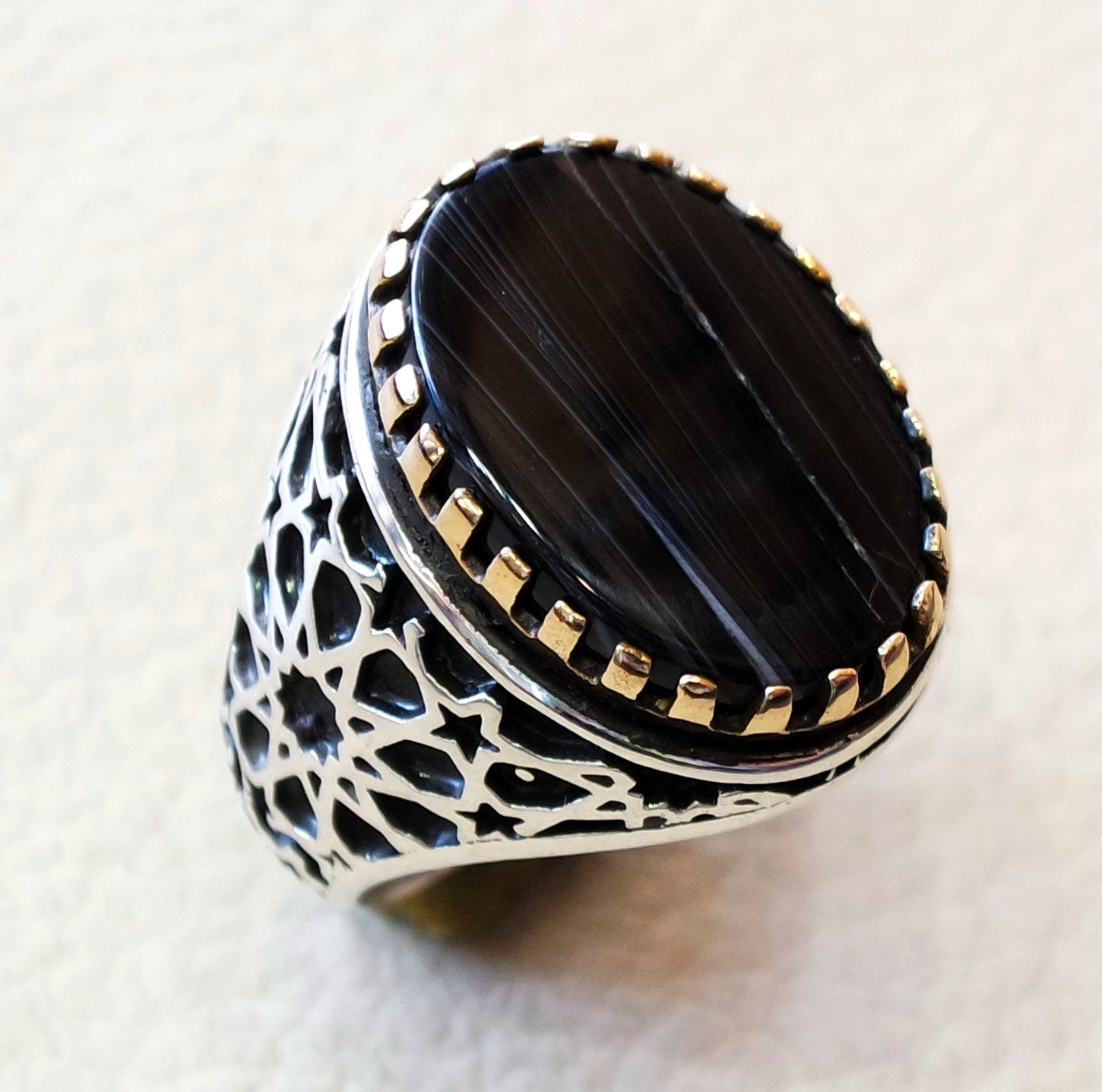 striped natural onyx agate black flat stone sterling silver 925 men ring arabic turkish ottoman style all sizes jewelry with bronze frame