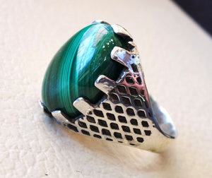 natural malachite man ring high quality green striped cabochon semi precious stone sterling silver 925  ottoman arab style heavy men jewelry