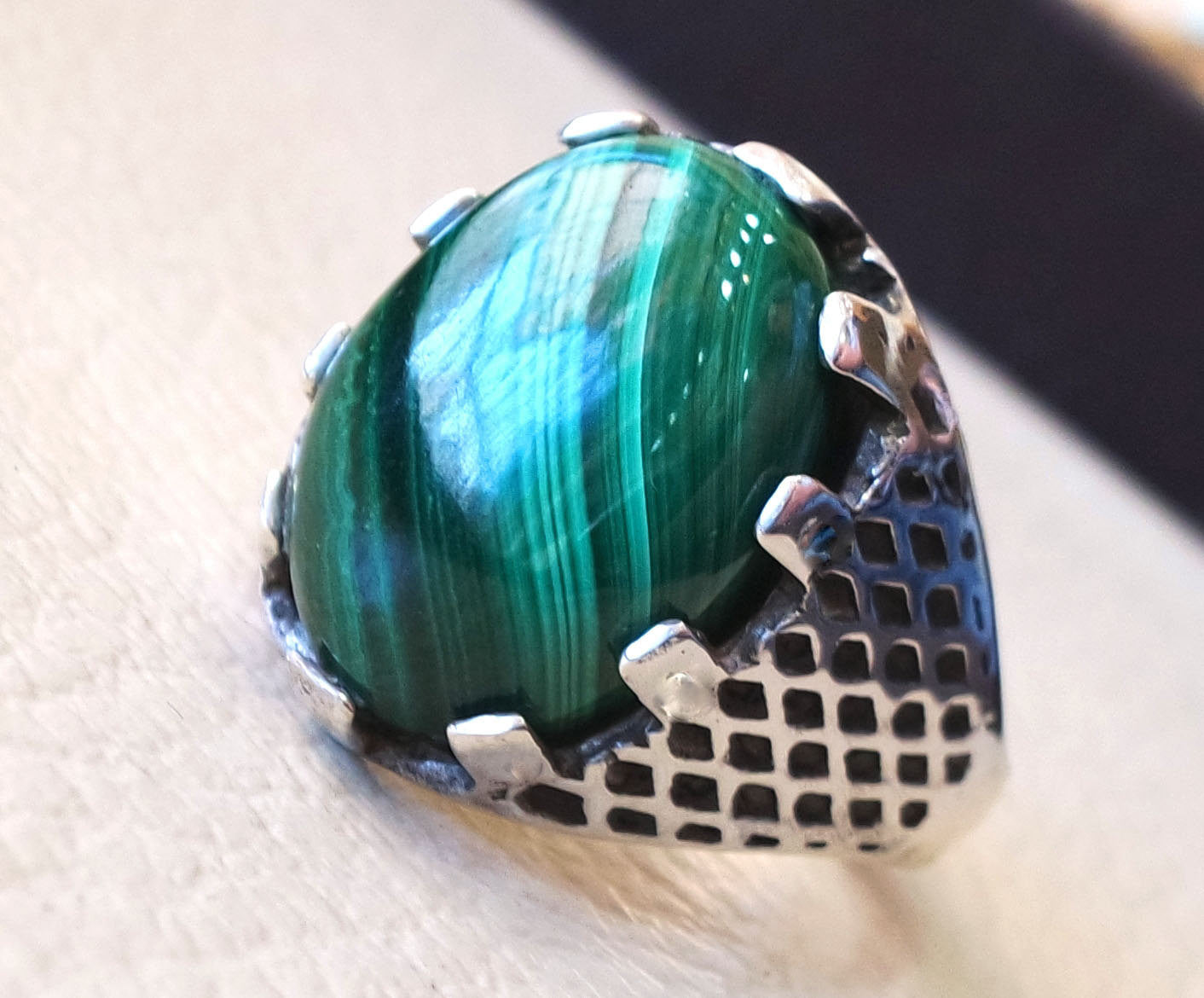 natural malachite man ring high quality green striped cabochon semi precious stone sterling silver 925  ottoman arab style heavy men jewelry