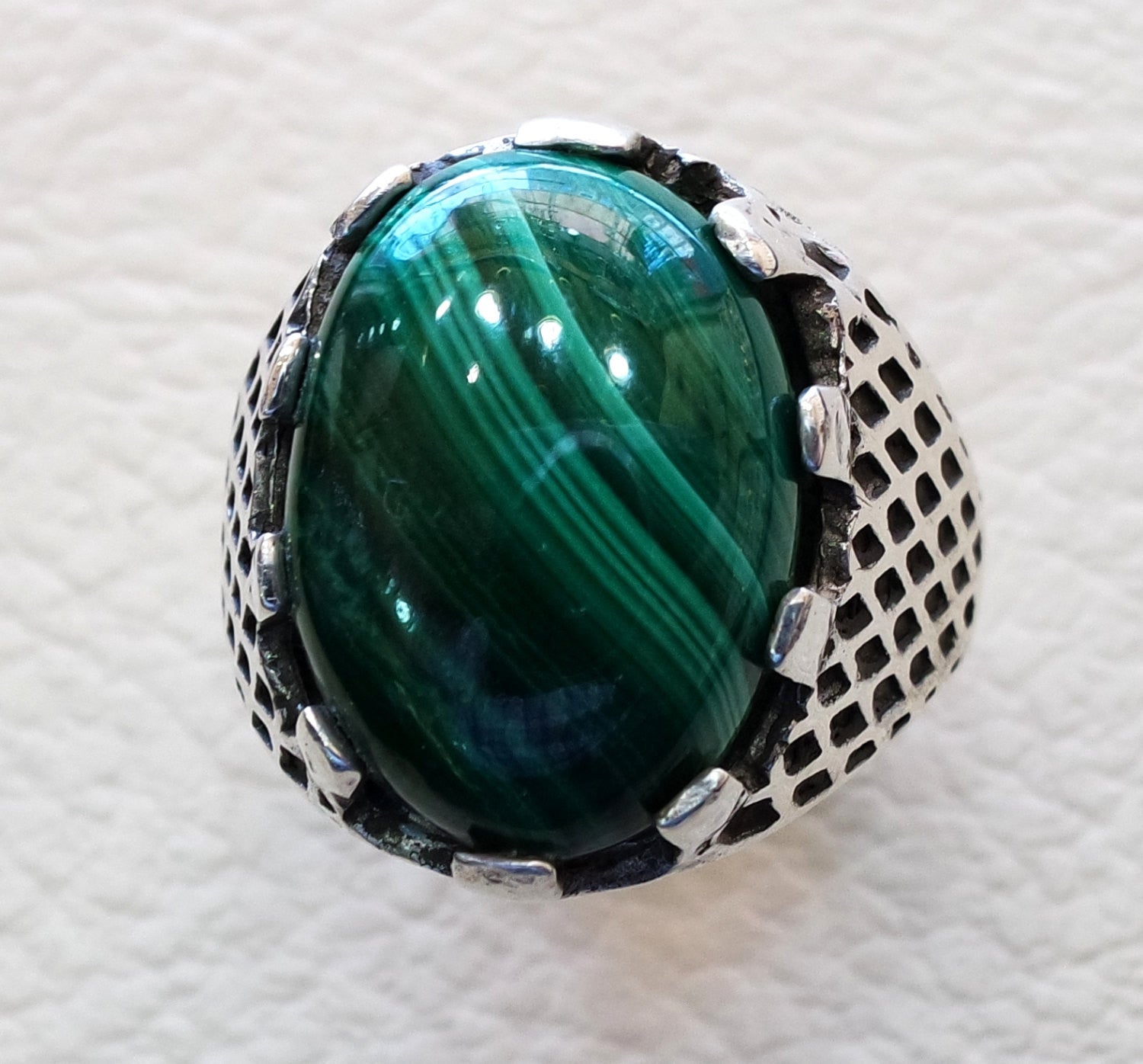 natural malachite man ring high quality green striped cabochon semi precious stone sterling silver 925  ottoman arab style heavy men jewelry
