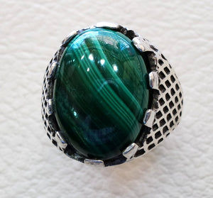 natural malachite man ring high quality green striped cabochon semi precious stone sterling silver 925  ottoman arab style heavy men jewelry