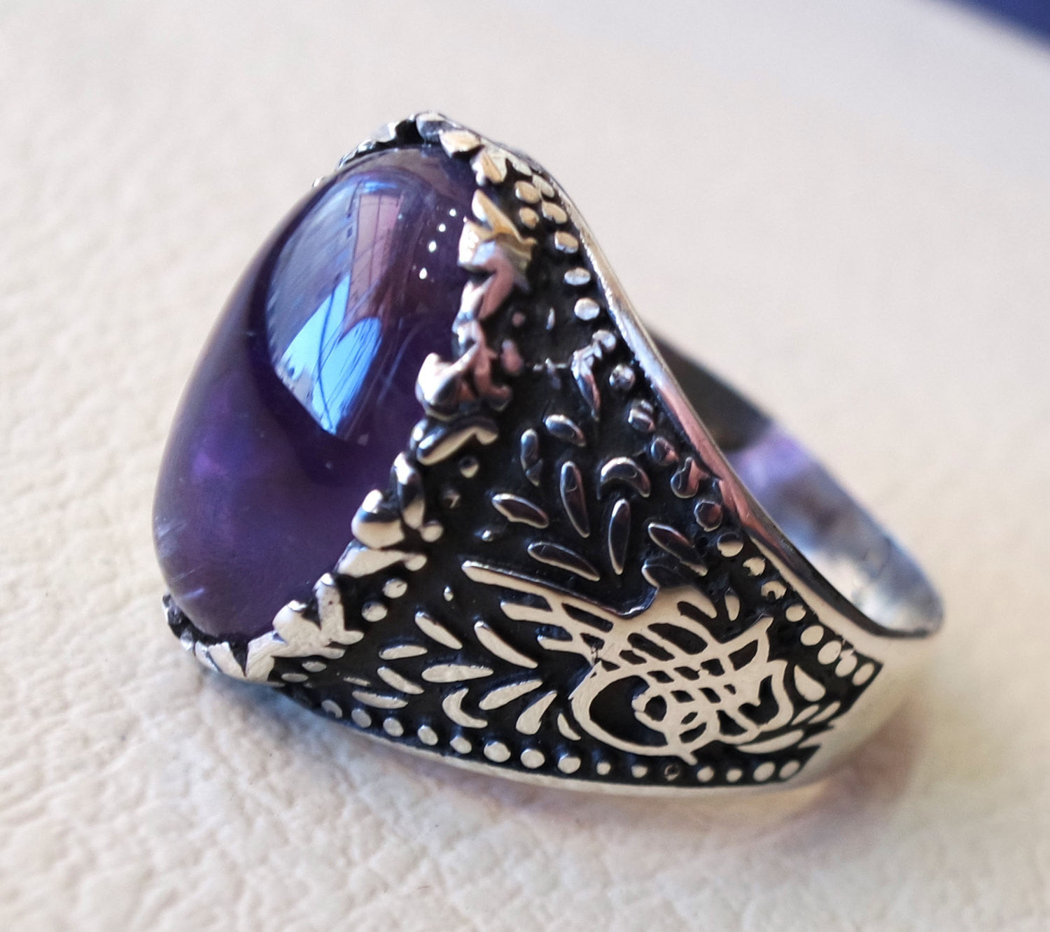 amethyst agate natural purple stone sterling silver 925 man ring vintage arabic turkish ottoman style jewelry oval  gem all sizes