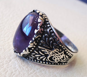 amethyst agate natural purple stone sterling silver 925 man ring vintage arabic turkish ottoman style jewelry oval  gem all sizes