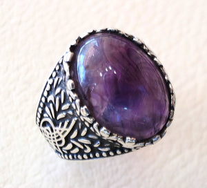 amethyst agate natural purple stone sterling silver 925 man ring vintage arabic turkish ottoman style jewelry oval  gem all sizes