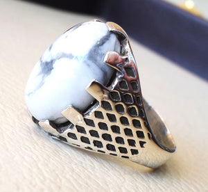 white turquoise howalite  natural agate oval cabochon stone men ring sterling silver 925 all sizes antique ottoman jewelry fast shipping