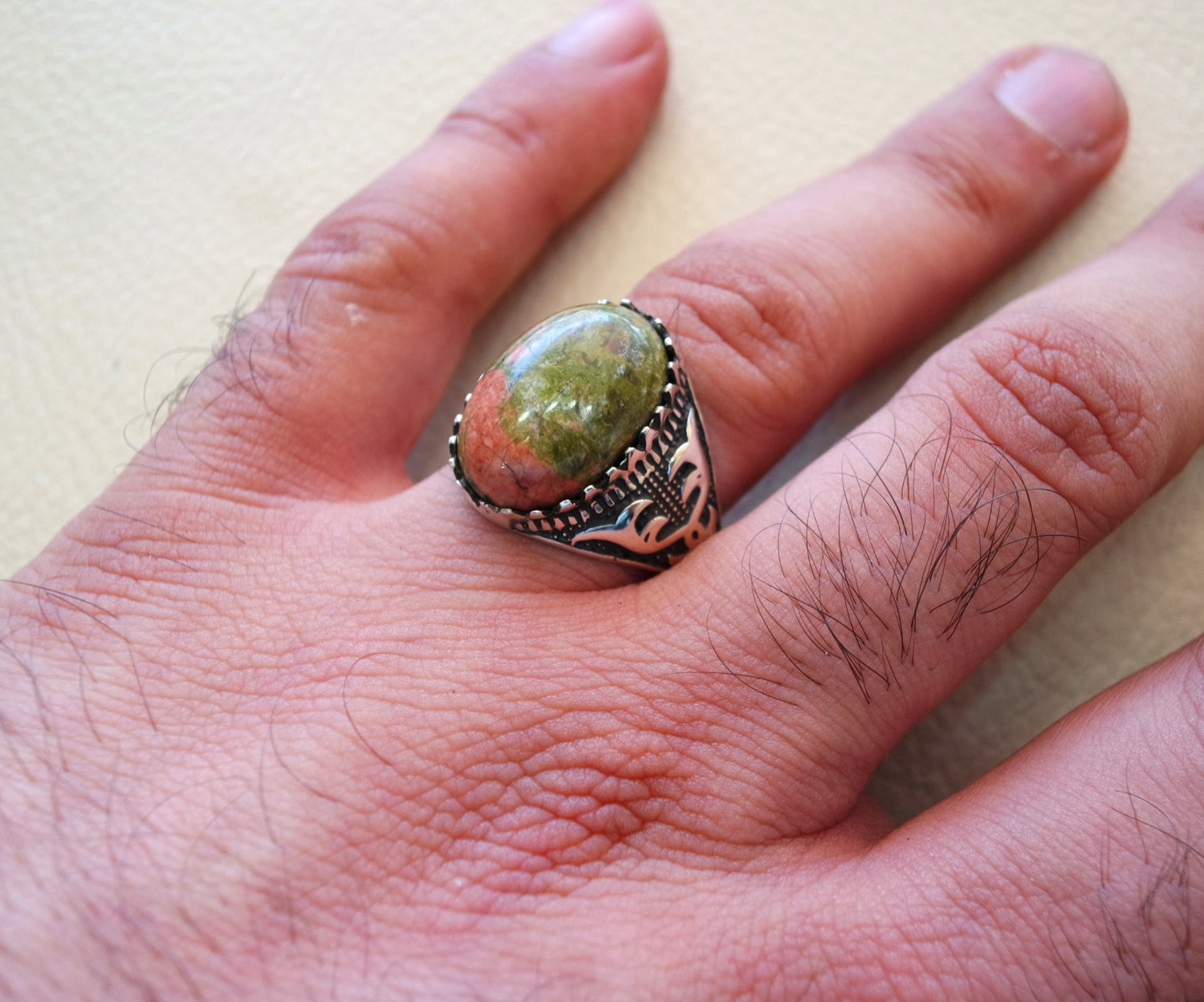 unakite natural multi color stone oval cabochon sterling silver 925 men carved ring high quality orange green pink semi precious jewelry