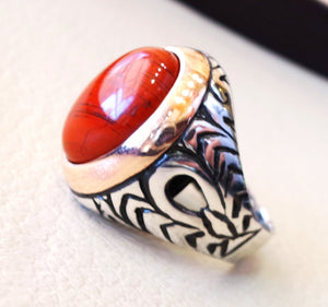 pure red jasper man ring stone natural aqeeq gem sterling silver 925 ring  oval semi precious cabochon  jewelry with bronze frame