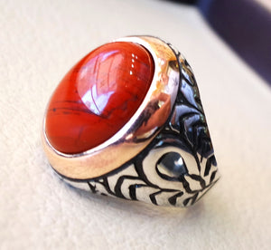 pure red jasper man ring stone natural aqeeq gem sterling silver 925 ring  oval semi precious cabochon  jewelry with bronze frame