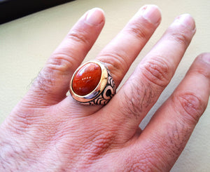 pure red jasper man ring stone natural aqeeq gem sterling silver 925 ring  oval semi precious cabochon  jewelry with bronze frame