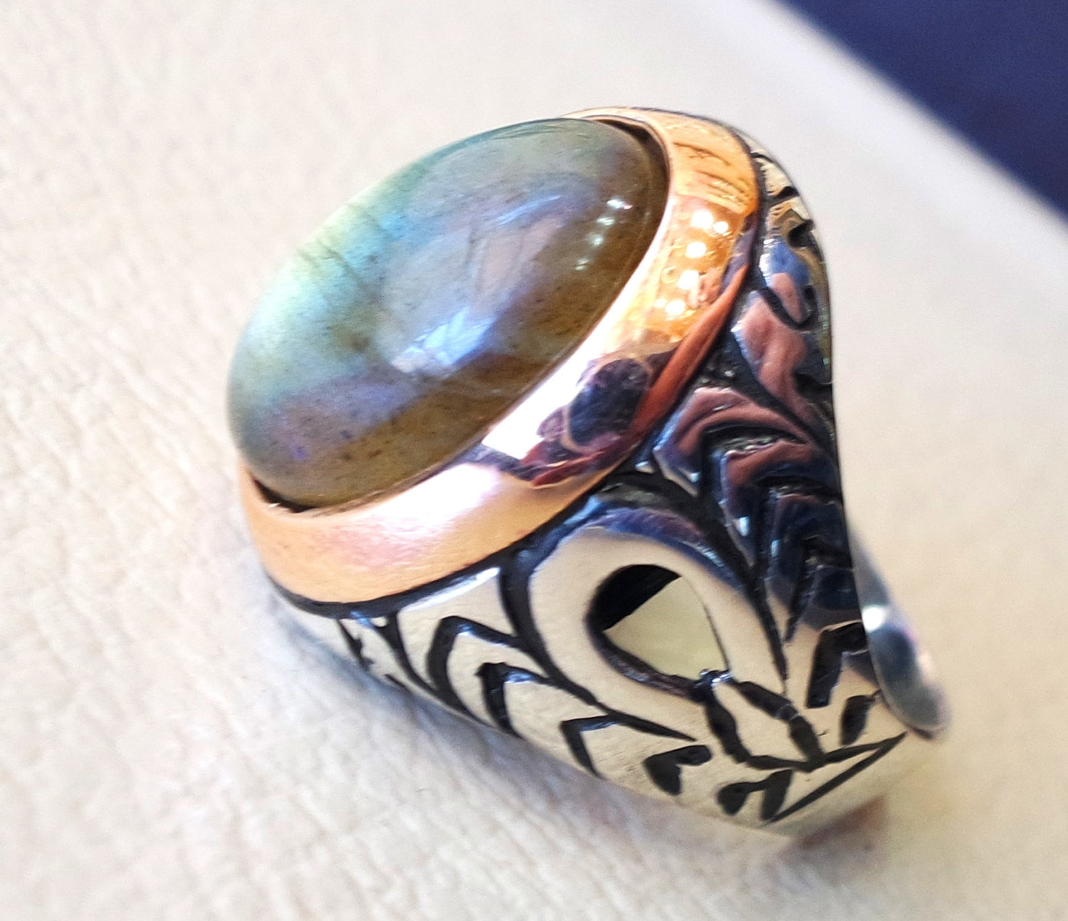 Labradorite man ring natural stone multi color semi precious stone heavy  sterling silver 925 bronze frame any sizes jewelry fast shipping