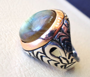 Labradorite man ring natural stone multi color semi precious stone heavy  sterling silver 925 bronze frame any sizes jewelry fast shipping