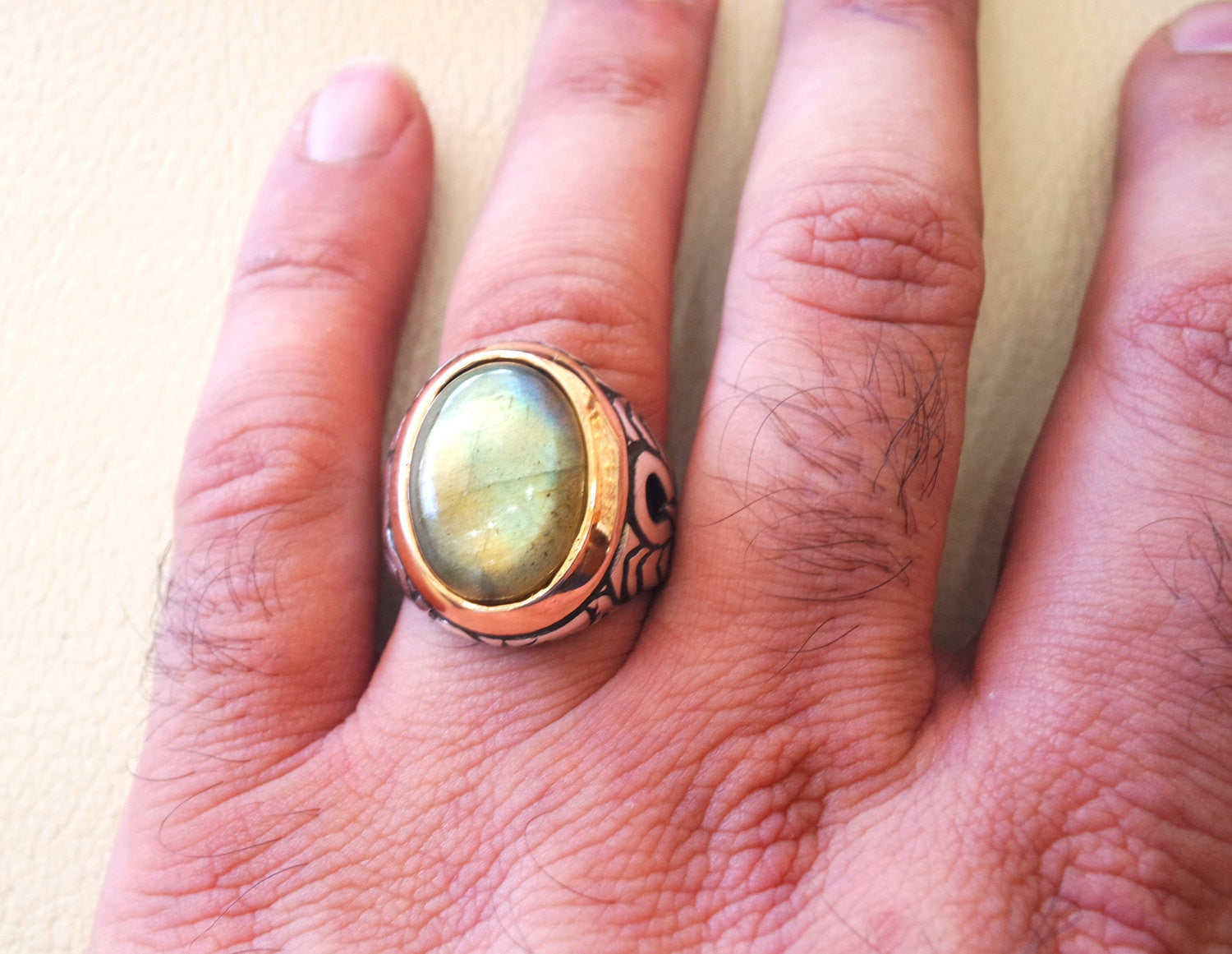 Labradorite man ring natural stone multi color semi precious stone heavy  sterling silver 925 bronze frame any sizes jewelry fast shipping