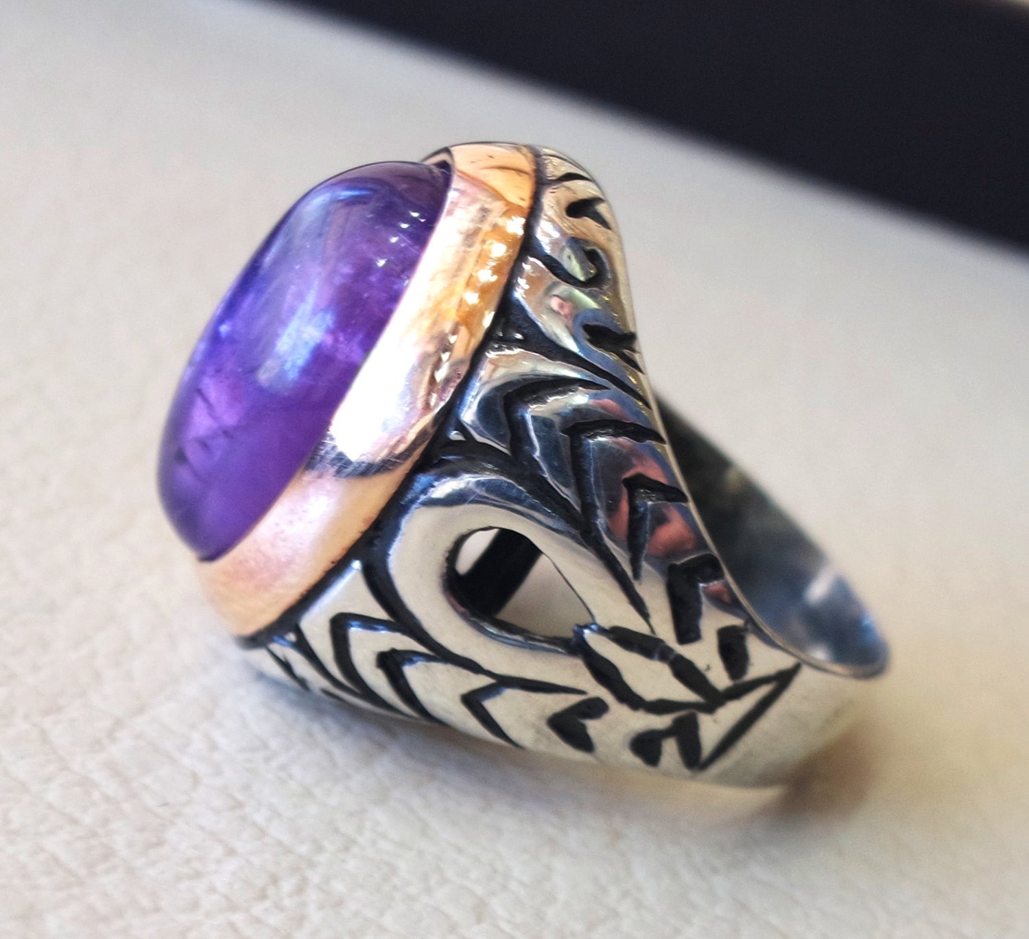 amethyst agate men ring natural purple stone silver 925  vintage arabic turkish ottoman bronze frame man jewelry oval cabochon all sizes
