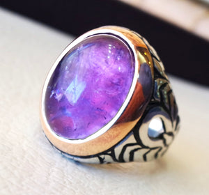 amethyst agate men ring natural purple stone silver 925  vintage arabic turkish ottoman bronze frame man jewelry oval cabochon all sizes