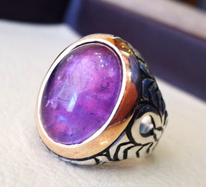 amethyst agate men ring natural purple stone silver 925  vintage arabic turkish ottoman bronze frame man jewelry oval cabochon all sizes