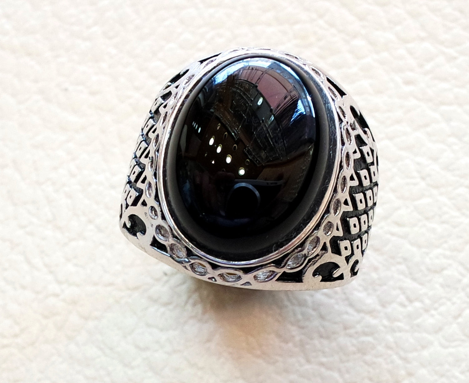 aqeeq natural agate onyx huge big stone oval black cabochon gem man ring sterling silver arabic middle eastern turkey style fast shipping