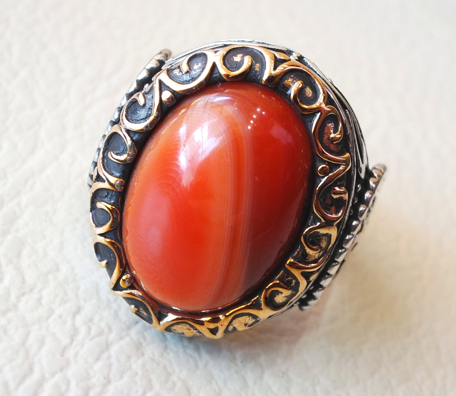 striped agate aqeeq ring sterling silver 925 ring any size antique middle eastern style carnelian semi precious natural cabochon عقيق