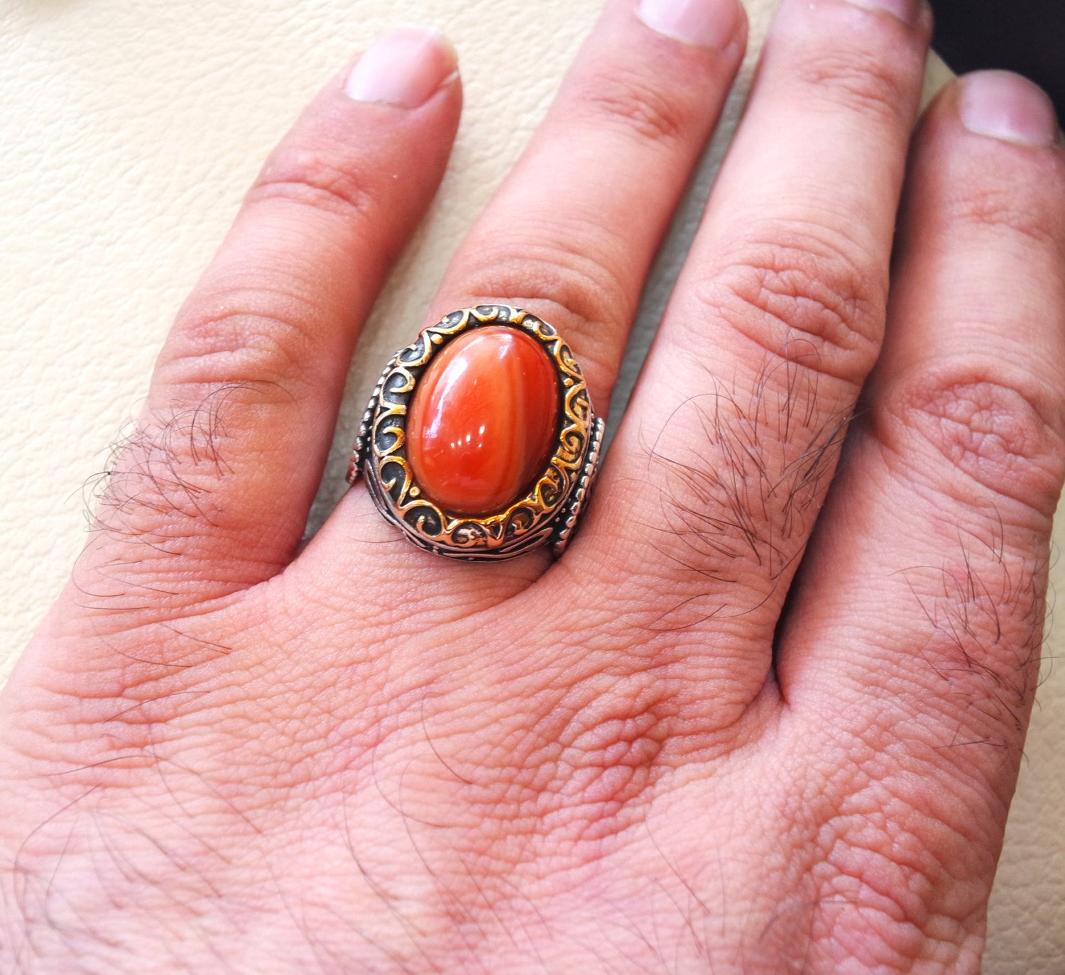 striped agate aqeeq ring sterling silver 925 ring any size antique middle eastern style carnelian semi precious natural cabochon عقيق