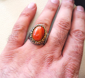 striped agate aqeeq ring sterling silver 925 ring any size antique middle eastern style carnelian semi precious natural cabochon عقيق