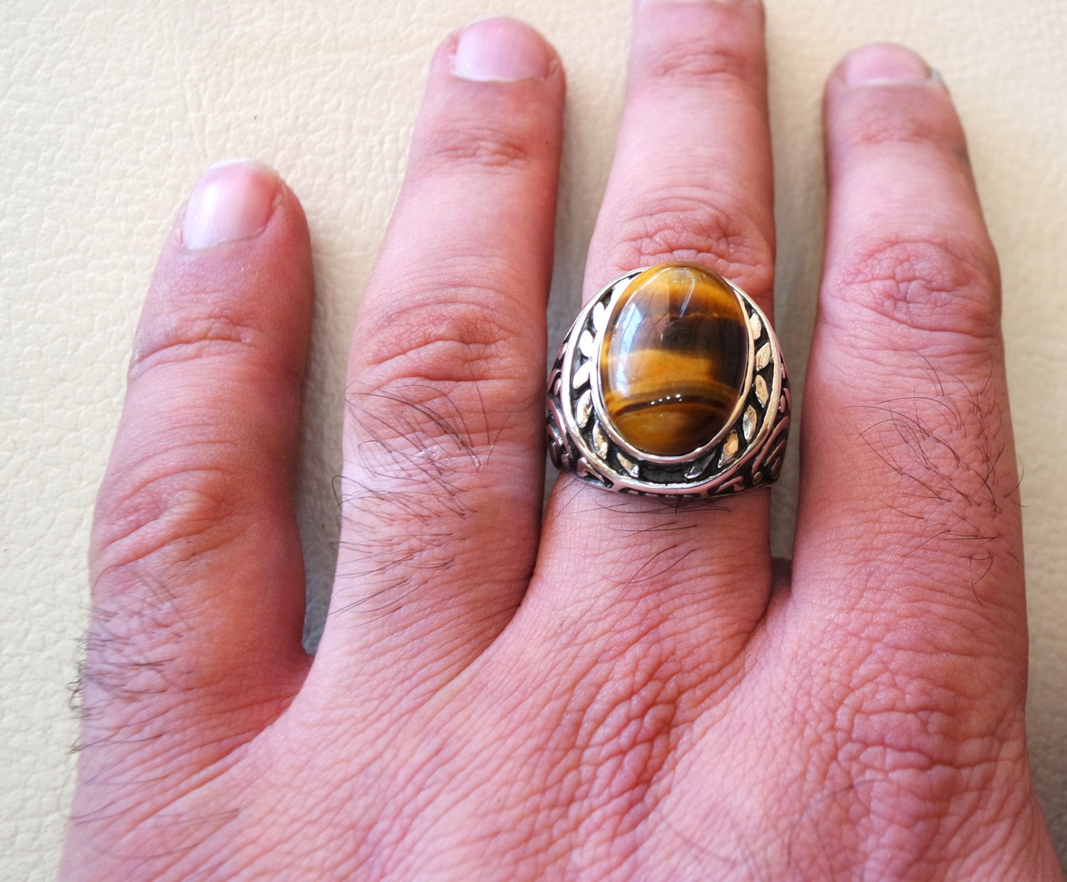 big men ring tiger eye cat eye natural cabochon semi precious oval stone ottoman antique  arabic style two tone sterling silver 925