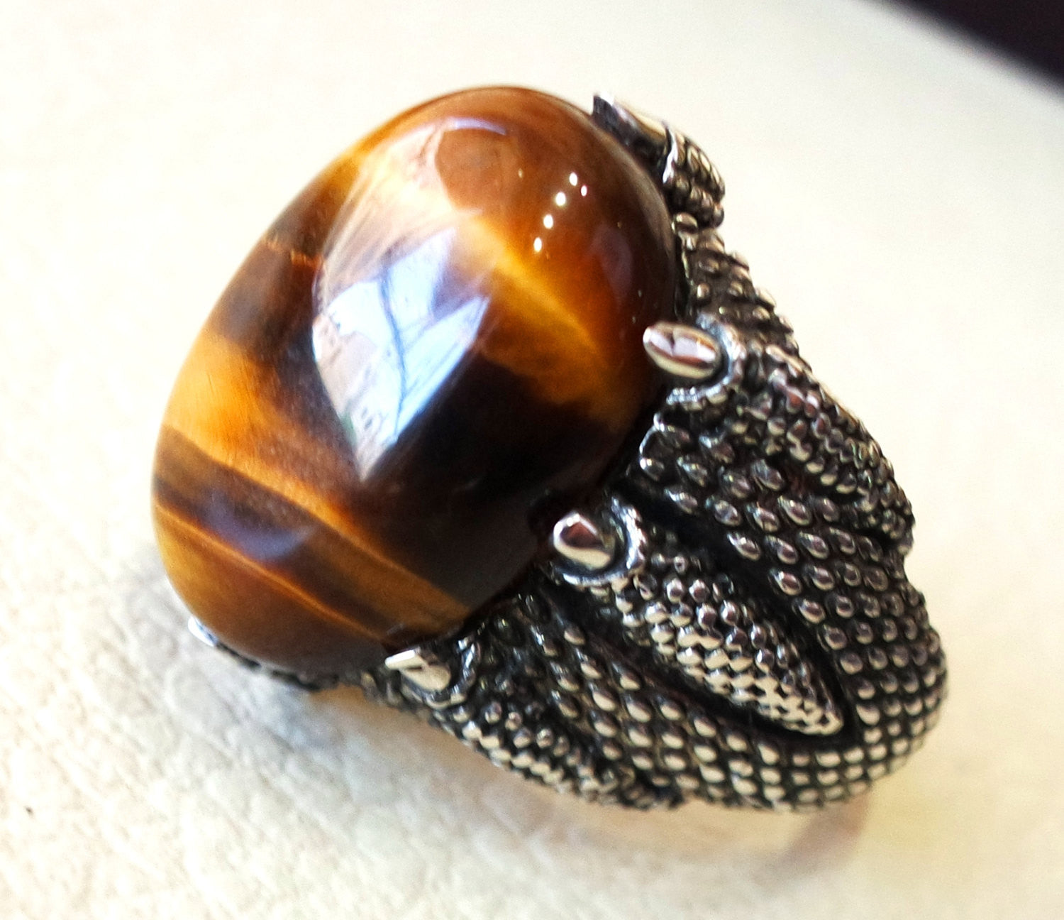 dragon snake mouth sterling silver 925 tiger cat eye stone oval  all sizes jewelry heavy men ring ottoman middle eastern style