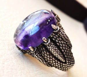 natural fluorite purple huge men dragon snake ring sterling silver 925 color unique stone all sizes jewelry fast shipping oxidized style