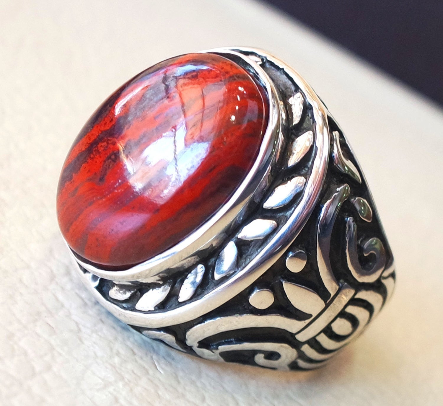 snake skin jasper stone natural gem sterling silver 925 ring red and black oval semi precious cabochon man huge ring jewelry fast shipping