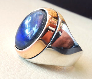 flashy dark blue labradorite natural stone men sterling silver 925 ring oval cabochon semi precious gem bronze frame style all sizes jewelry