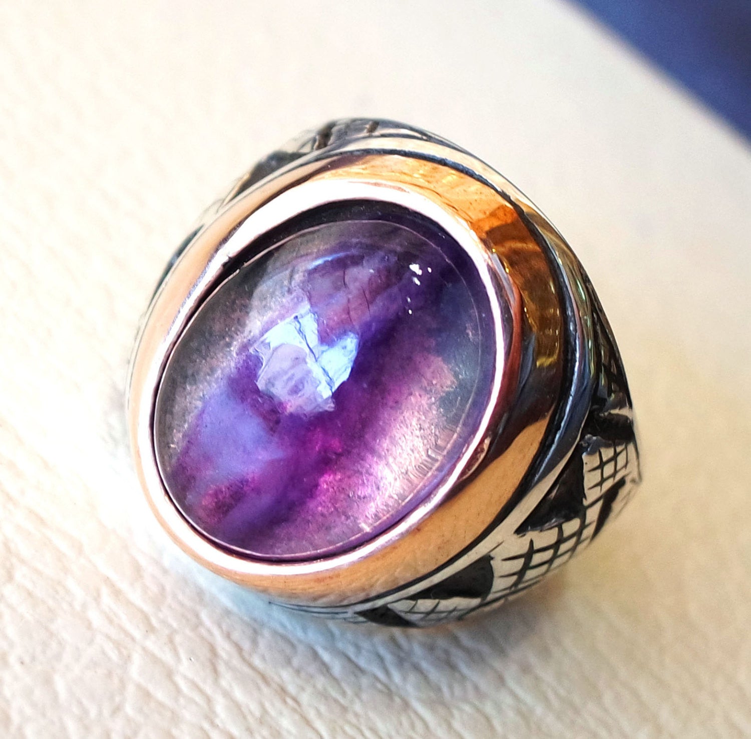 natural fluorite purple huge men ring sterling silver 925 color unique stone in bronze frame all sizes jewelry fast shipping oxidized style