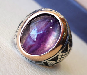 natural fluorite purple huge men ring sterling silver 925 color unique stone in bronze frame all sizes jewelry fast shipping oxidized style