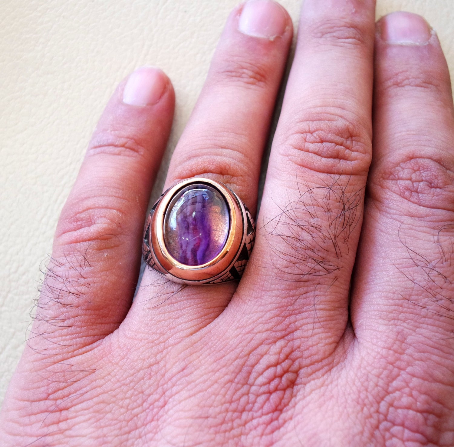 natural fluorite purple huge men ring sterling silver 925 color unique stone in bronze frame all sizes jewelry fast shipping oxidized style