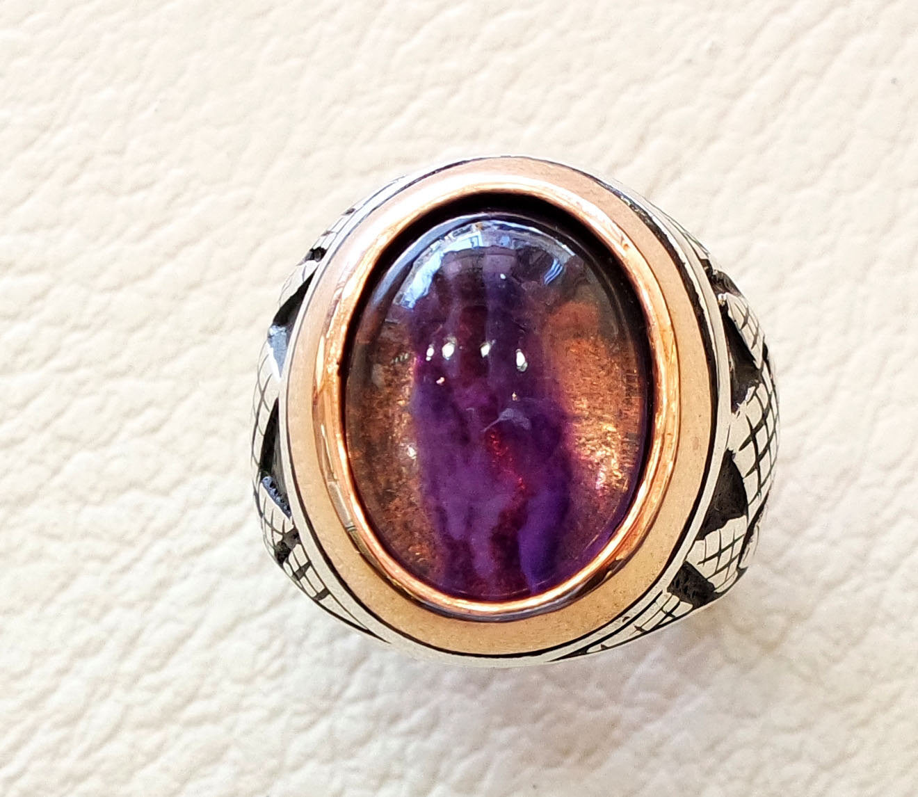 natural fluorite purple huge men ring sterling silver 925 color unique stone in bronze frame all sizes jewelry fast shipping oxidized style