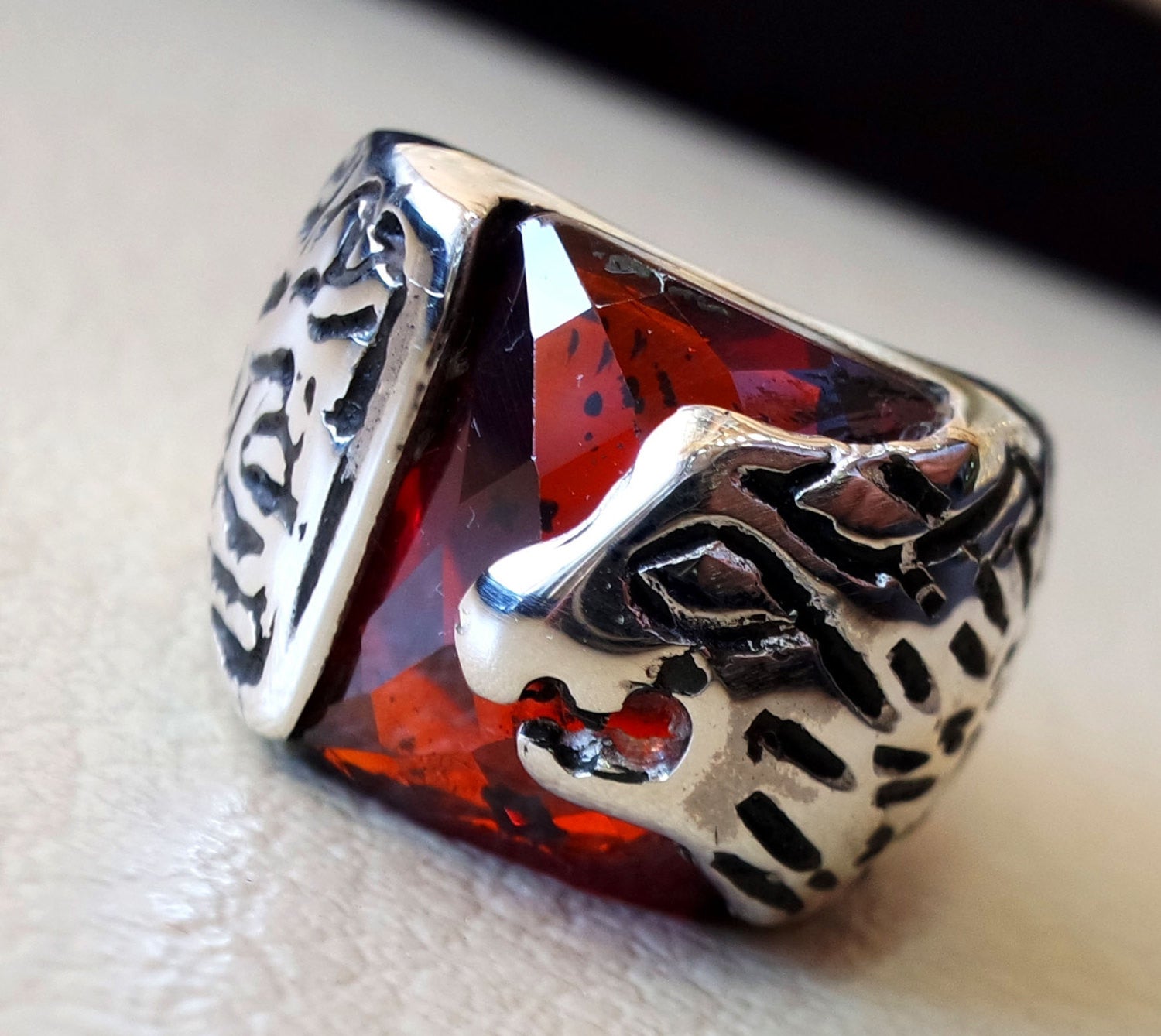 red ruby color cabochon octagon stone lion man ring sterling silver 925 all sizes high quality jewelry ottoman middle eastern antique style