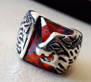 red ruby color cabochon octagon stone lion man ring sterling silver 925 all sizes high quality jewelry ottoman middle eastern antique style