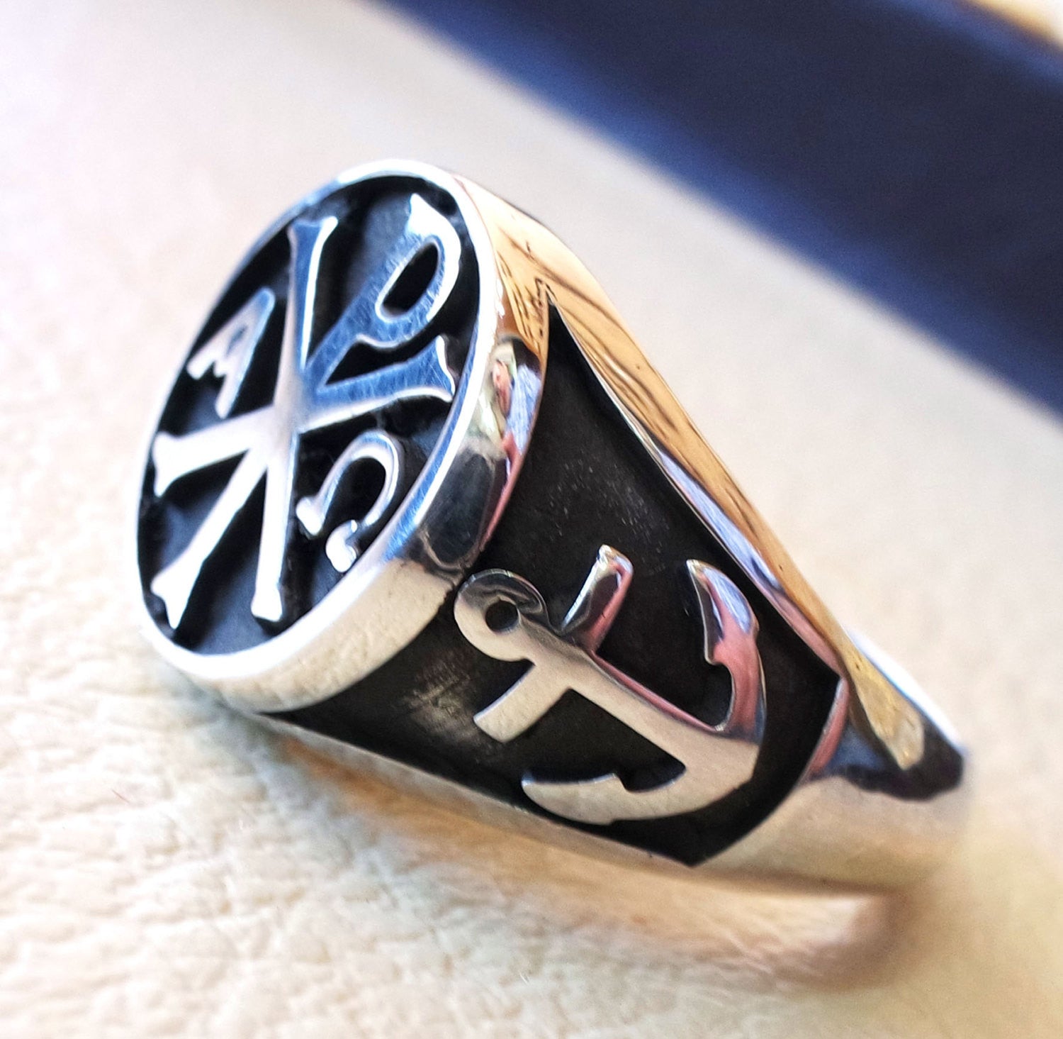 Chi Rho anchor on the sides cross christ christian symbol sterling silver 925 heavy man ring jewelry fast shipping round  shape all sizes