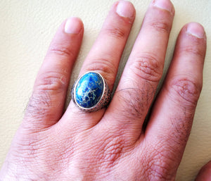 blue men ring sea sediment jasper multi color black grey stone all sizes natural semi precious sterling silver 925 man antique jewelry
