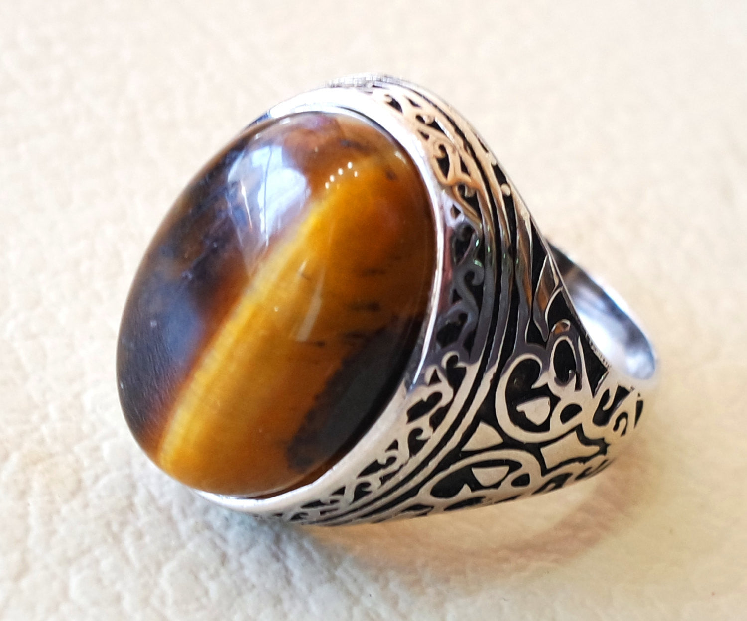 men ring sterling silver 925 cat eye tiger eye semi precious natural cabochon stone any size ottoman turkish middle eastern arabic jewelry