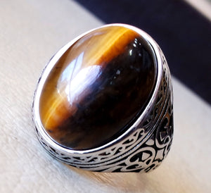 men ring sterling silver 925 cat eye tiger eye semi precious natural cabochon stone any size ottoman turkish middle eastern arabic jewelry