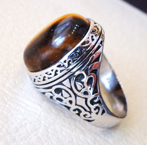 men ring sterling silver 925 cat eye tiger eye semi precious natural cabochon stone any size ottoman turkish middle eastern arabic jewelry