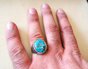 man ring copper turquoise natural stone sterling silver 925 oval cabochon semi precious gem ottoman arabic style all sizes jewelry