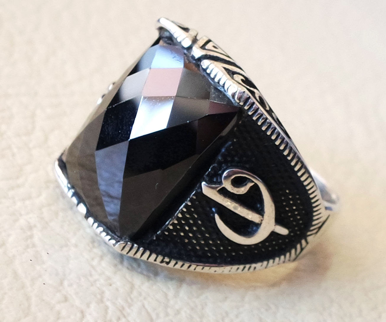 black onyx arabic numbers abjad waw vav men ring sterling silver 925 arabic ottoman sufi turkish islam jewelry  all sizes fast shipping