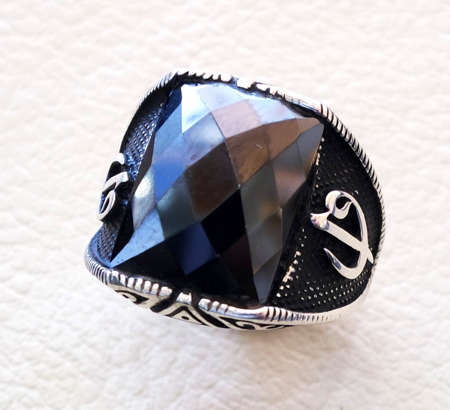 black onyx arabic numbers abjad waw vav men ring sterling silver 925 arabic ottoman sufi turkish islam jewelry  all sizes fast shipping