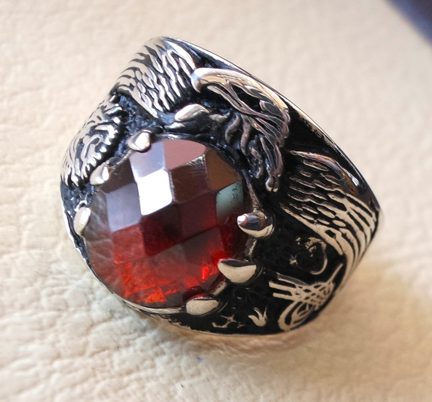 red ruby imitation oval stone arabic men ring sterling silver 925 eagle arabic ottoman symbols turkish jewelry style all sizes fast shipping
