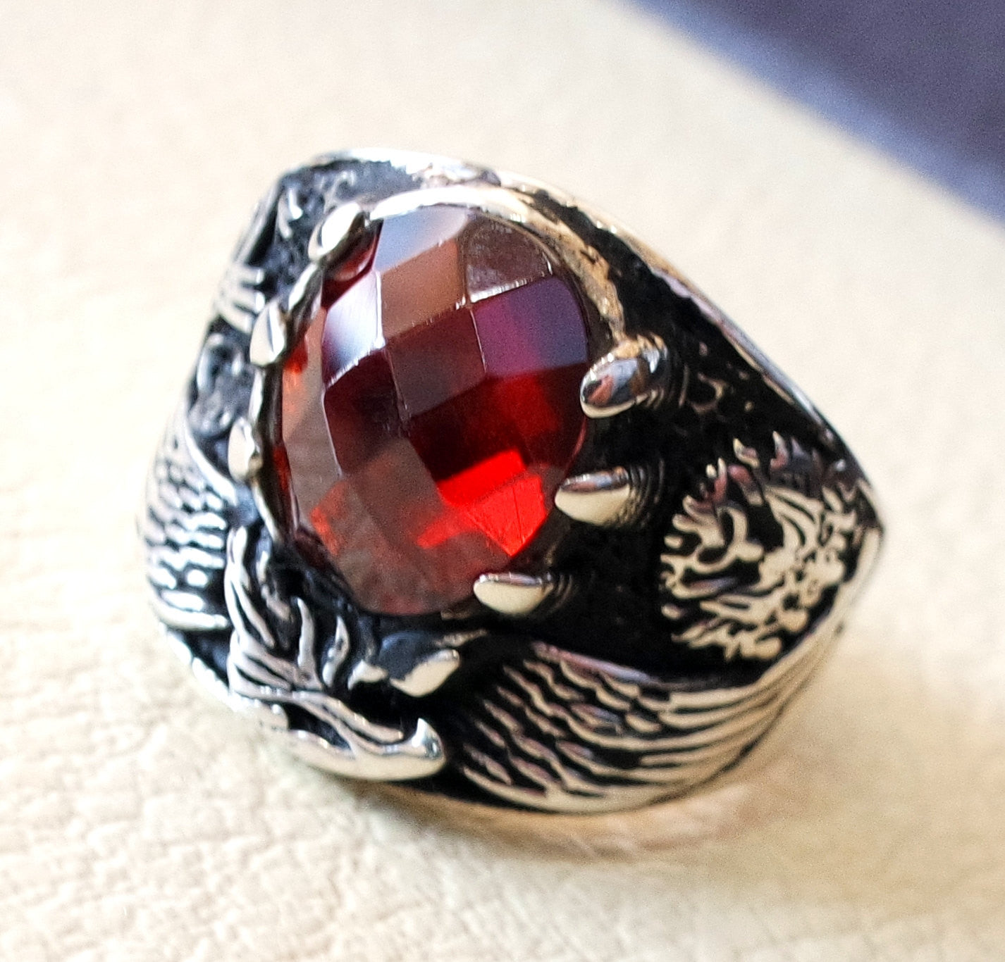 red ruby imitation oval stone arabic men ring sterling silver 925 eagle arabic ottoman symbols turkish jewelry style all sizes fast shipping