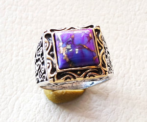 square natural copper turquoise high quality purple stone heavy sterling silver 925 man ring bronze frame any size ottoman style jewelry