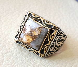 square natural copper calcite high quality white stone heavy sterling silver 925 man ring bronze frame any size ottoman style jewelry