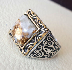 square natural copper calcite high quality white stone heavy sterling silver 925 man ring bronze frame any size ottoman style jewelry