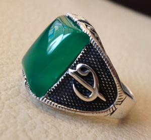 ottoman green onyx agate aqeeq sterling silver 925 antique men ring arabic waw vav jewelry any size free shipping natural  rectangular stone